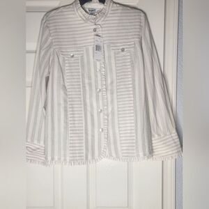NWT Blast M Striped CreamSagePocketsRuffle LSlv ButtonUp LINEN Blend Women Shirt